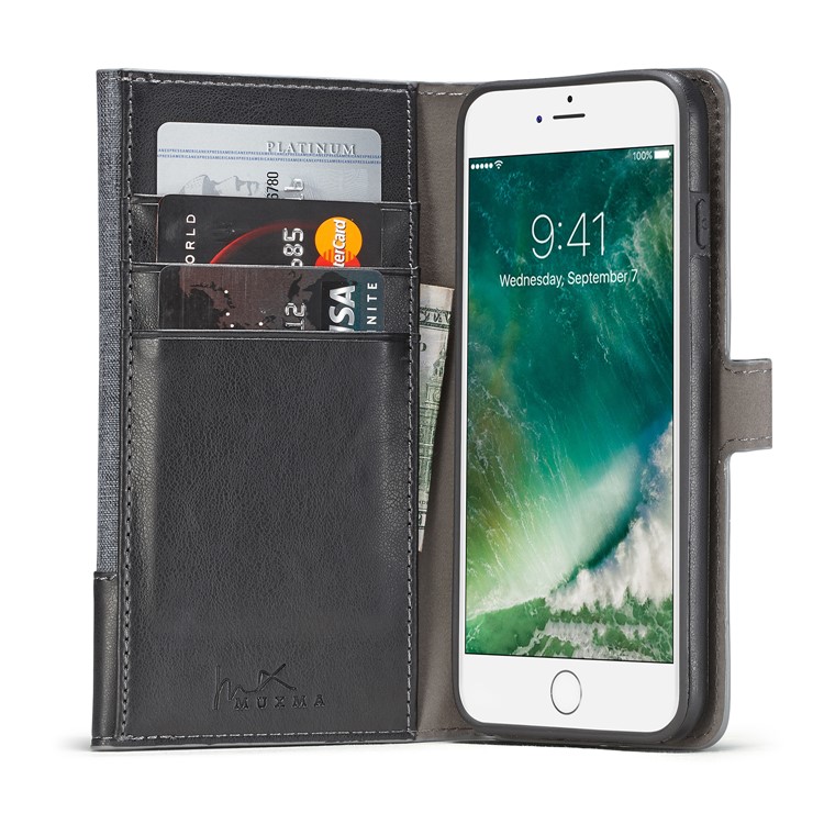 MUXMA Tri-fold Detachable 2-in-1 Wallet Canvas Leather Stand Mobile Shell for iPhone 7 Plus - Black-12