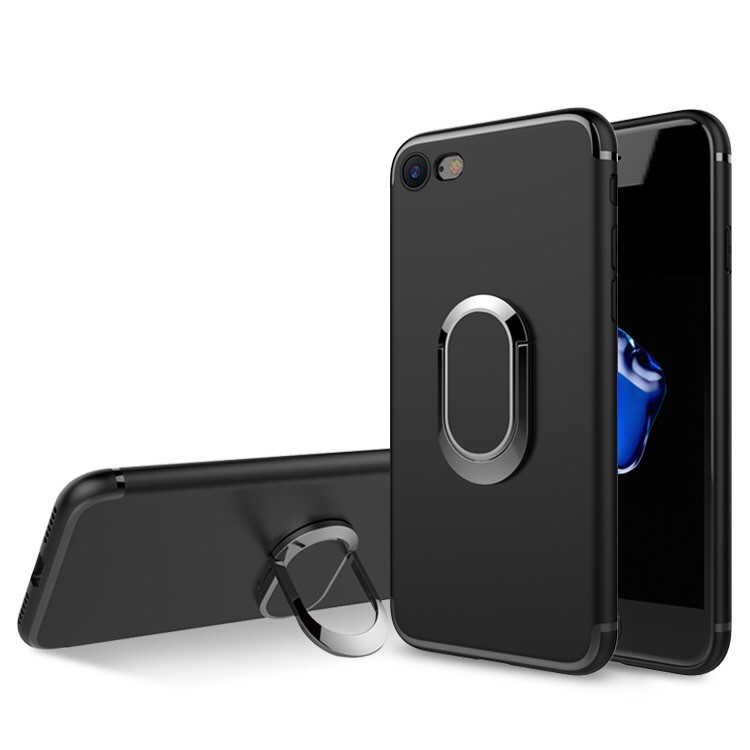 Matte Finish Ring Holder Kickstand Flexible TPU Case with Built-in Magnetic Metal Sheet for iPhone 7 - Black-1