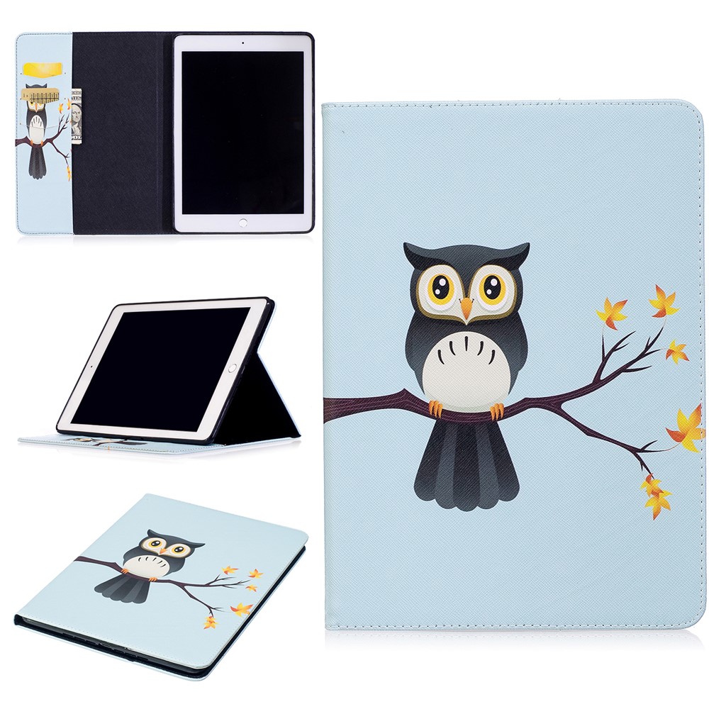 For iPad 9.7 inch (2018)/9.7 (2017) Pattern Printing Card Slots Stand Protective Case - Owl on Branch-1