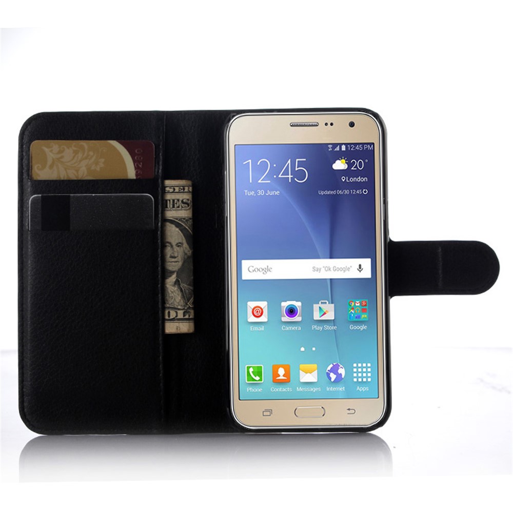 Couverture de Boîtier de Portefeuille en Cuir de Peau Litchi Pour Samsung Galaxy J3 / J3 (2016) Avec Design de Support Pliable - le Noir