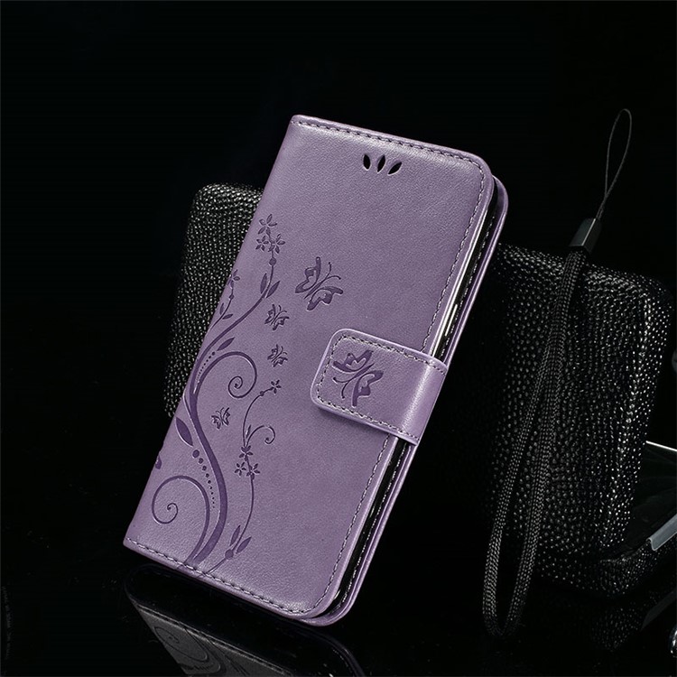 For Samsung Galaxy J5 Imprint Butterfly Stand Wallet Leather Case Accessory - Light Purple-1