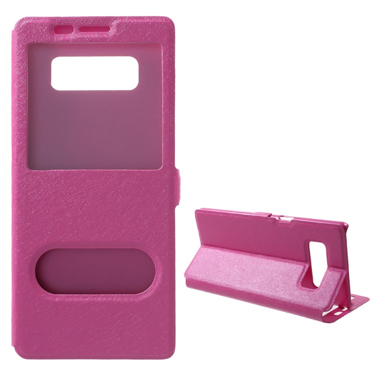 For Samsung Galaxy Note 8 Silk Texture Dual Window Stand Leather Phone Cover - Rose-1