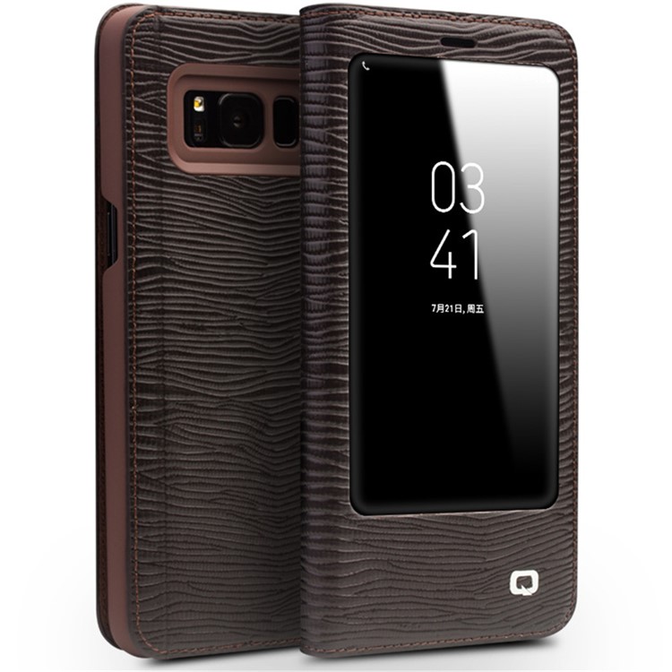 QIALINO for Samsung Galaxy S8 G950 Business Smart View Window Lizard Genuine Cowhide Leather Case - Brown-1