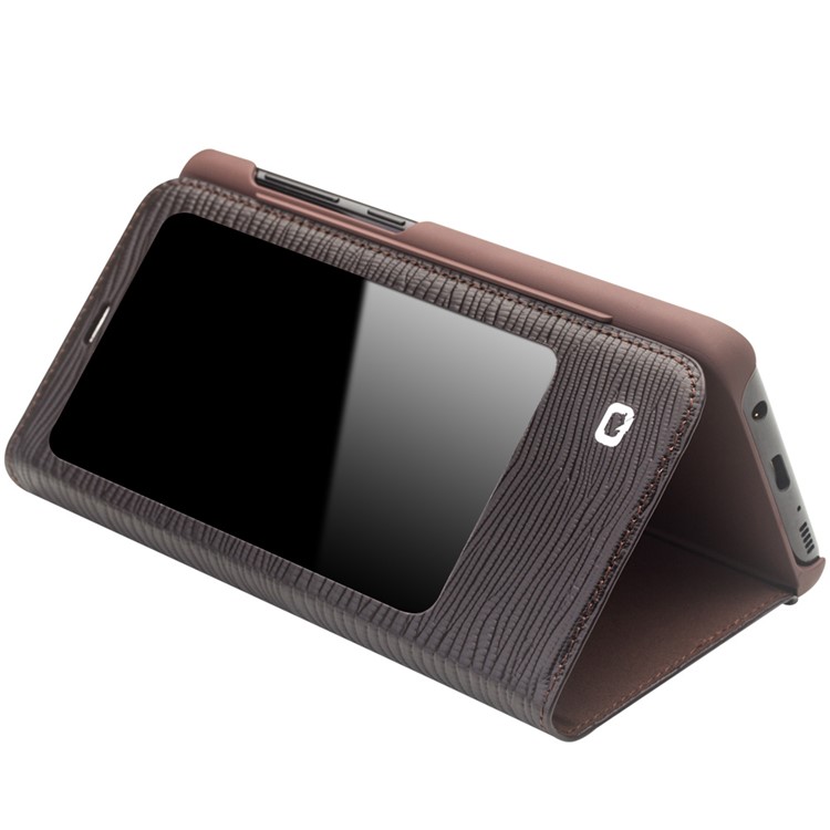 QIALINO for Samsung Galaxy S8 G950 Business Smart View Window Lizard Genuine Cowhide Leather Case - Brown-4