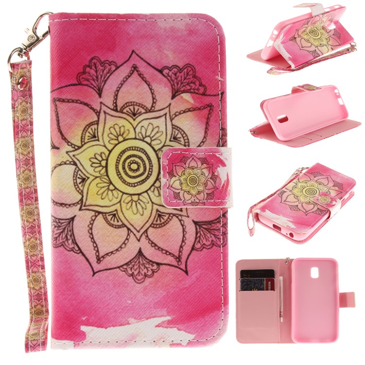 

For Samsung Galaxy J3 (2017) EU Version Patterned Stand Wallet Leather Mobile Casing with Strap - Mandala Pattern
