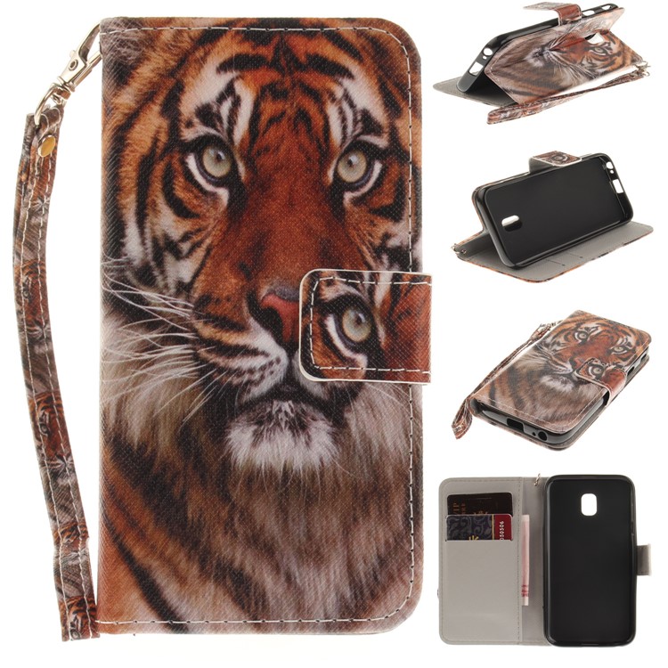 

For Samsung Galaxy J3 (2017) J330 EU Version Patterned Wallet Leather Protecion Case Shell with Strap - Fierce Tiger