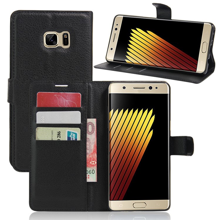 Litchi Texture PU Leather Wallet Stand Mobile Phone Case for Samsung Galaxy Note FE - Black-1