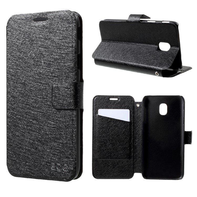 Silk Texture Folio Leather Protection Cover with Stand for Samsung Galaxy J3 2017 EU Version - Black-1