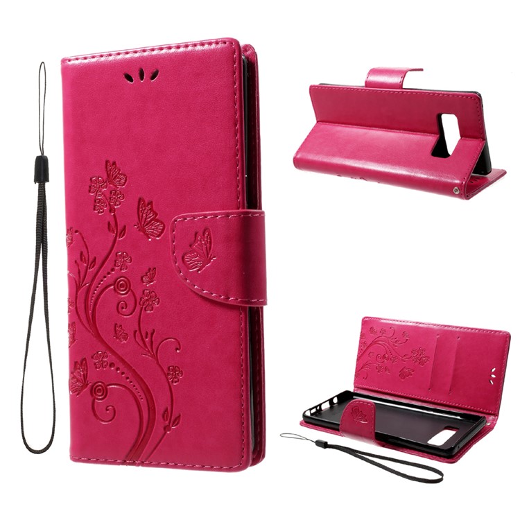 For Samsung Galaxy Note 8 Imprinted Butterfly Flora Leather Wallet Case - Rose-1
