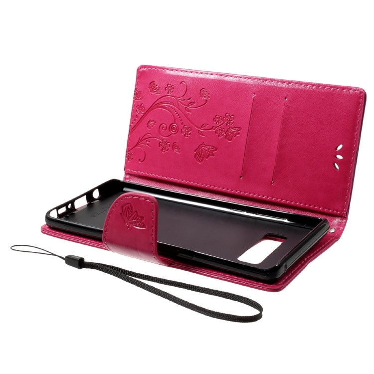 For Samsung Galaxy Note 8 Imprinted Butterfly Flora Leather Wallet Case - Rose-5