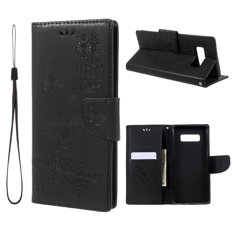 For Samsung Galaxy Note 8 EU Version Imprint Butterfly Flower Wallet Leather Stand Shell - Black-1