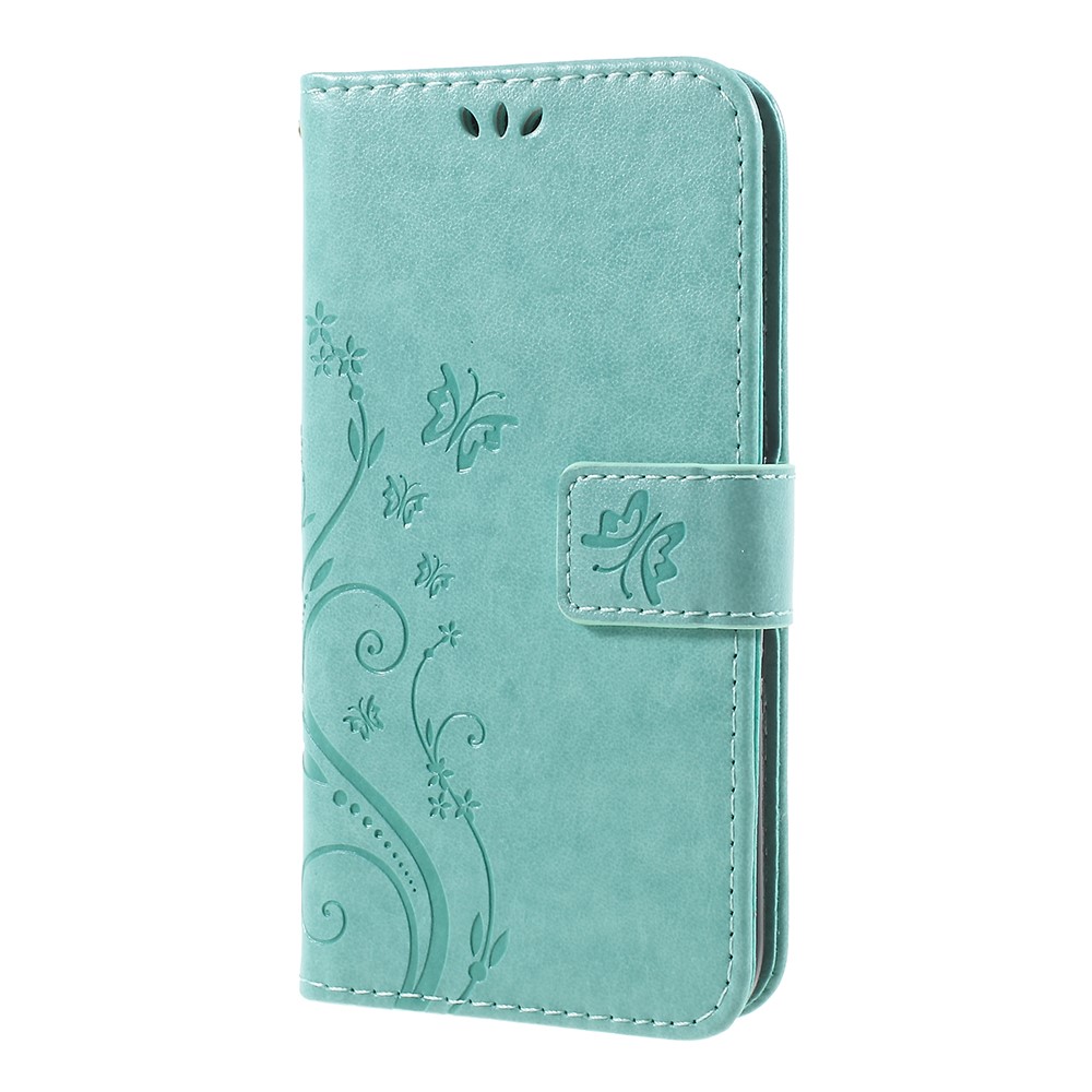 Imprint Flower Butterfly Pattern Wallet Leather Stand Phone Shell for Samsung Galaxy J3 (2017) EU Version / J3 Pro (2017) - Cyan-2