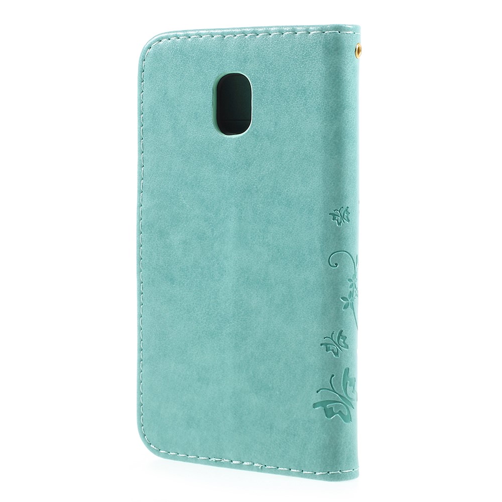 Impreinte Flower Butterfly Match Portefeuille Support de Support en Cuir Pour Samsung Galaxy J3 (2017) Version de L'ue / J3 Pro (2017) - Cyan-3