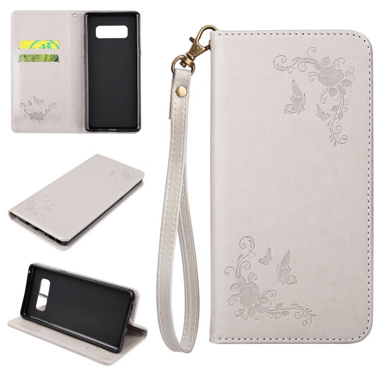 Imprint Butterfly Flower Auto-absorbed Leather Mobile Phone Case Accessory with Lanyard for Samsung Galaxy Note 8 - White-1