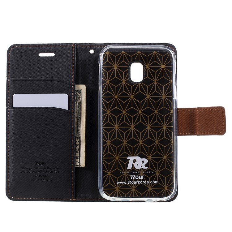 ROAR CORÉA Carteira de grânulos Twill Stand Estojo de couro para Samsung Galaxy J3 (2017) Versão da UE / J3 Pro (2017) - Preto-6