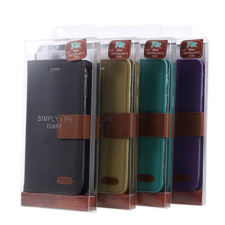 ROAR CORÉA Carteira de grânulos Twill Stand Estojo de couro para Samsung Galaxy J3 (2017) Versão da UE / J3 Pro (2017) - Preto-9