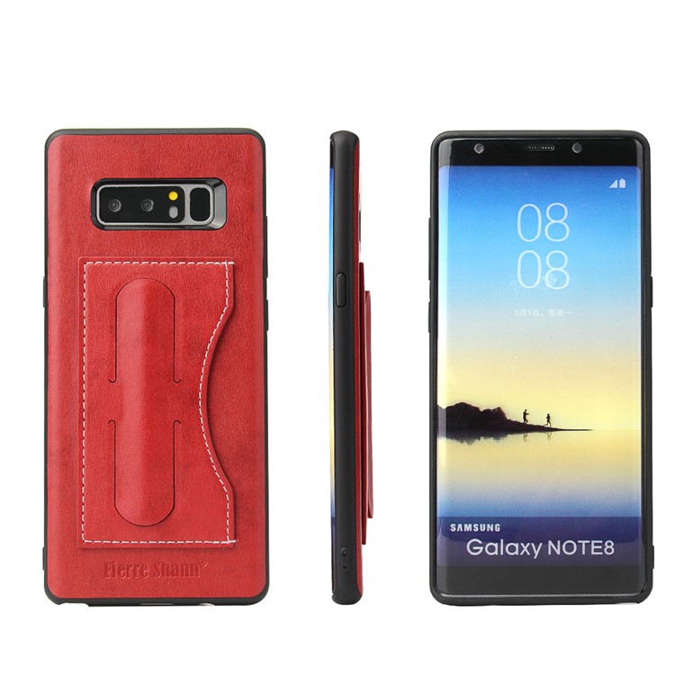 

FIERRE SHANN Leather Coated PC TPU Kickstand Card Slot Phone Cover for Samsung Galaxy Note 8 SM-N950 - Red