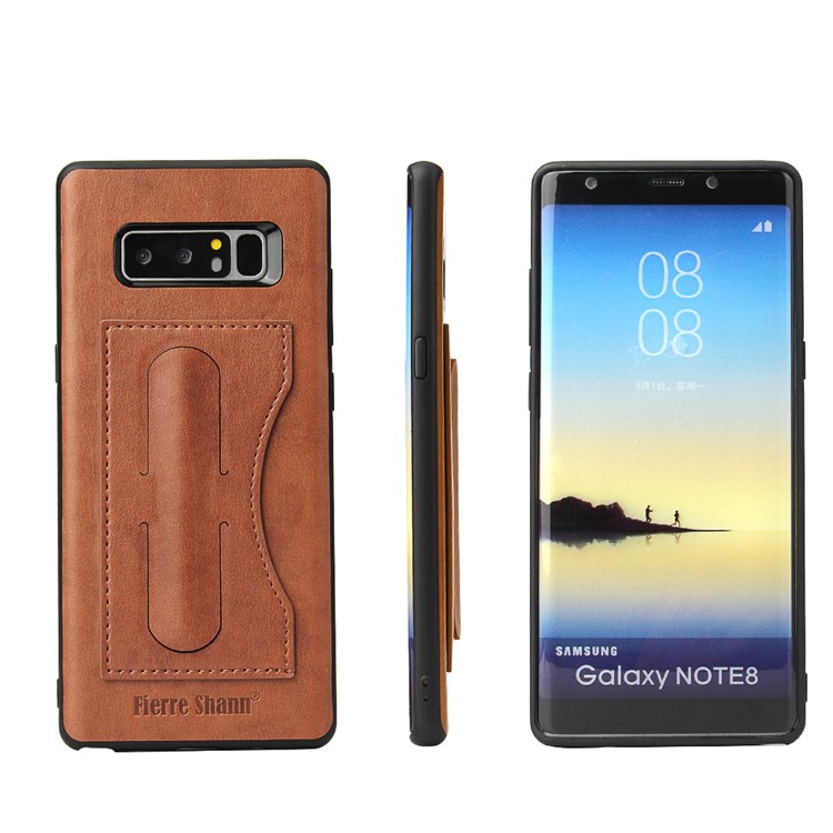

FIERRE SHANN Leather Coated PC TPU Card Slot Kickstand Back Cover for Samsung Galaxy Note 8 SM-N950 - Brown