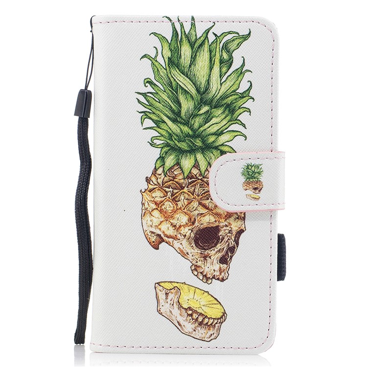 

For Samsung Galaxy J3 Pro (2017) / J3 (2017) EU Version Pattern Printing Leather Wallet Stand Phone Casing Cover with Strap - Skull Pineapple