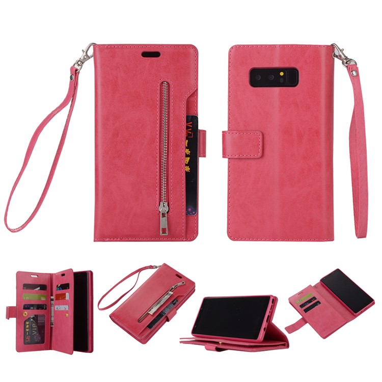 

Zippered Leather Magnetic Stand Wallet TPU Back Case with Strap for Samsung Galaxy Note 8 SM-N950 - Red
