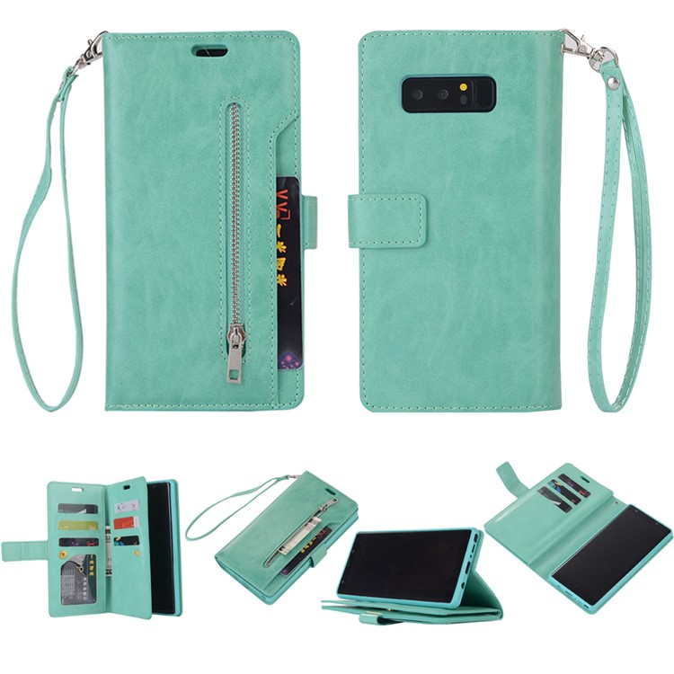 

Zippered Leather Magnetic Stand Wallet TPU Back Cover with Strap for Samsung Galaxy Note 8 SM-N950 - Cyan