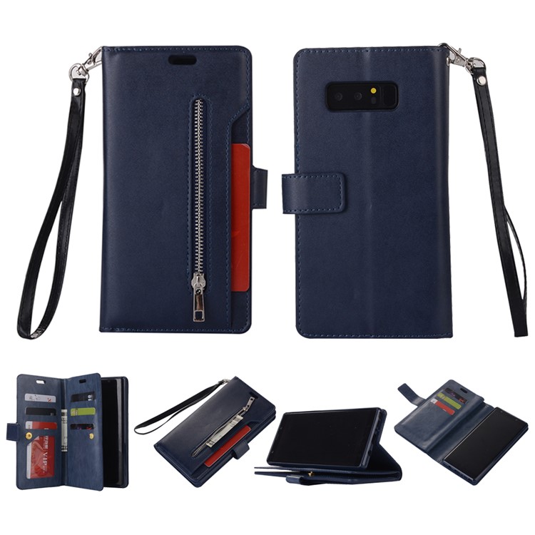 

Zippered Leather Magnetic Stand Wallet TPU Mobile Phone Shell with Strap for Samsung Galaxy Note 8 SM-N950 - Dark Blue
