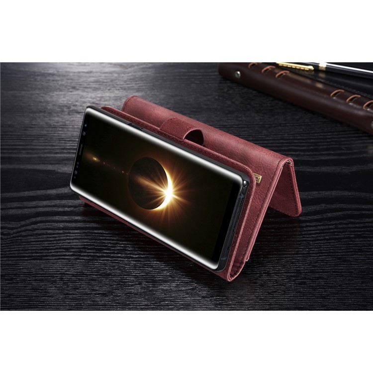 Dg. Ming Split Cuero Multi-slot Tri-Fold Wallet + Detachable PC Funda Dura Para Samsung Galaxy Note 8 SM-N950 - Rojo-7