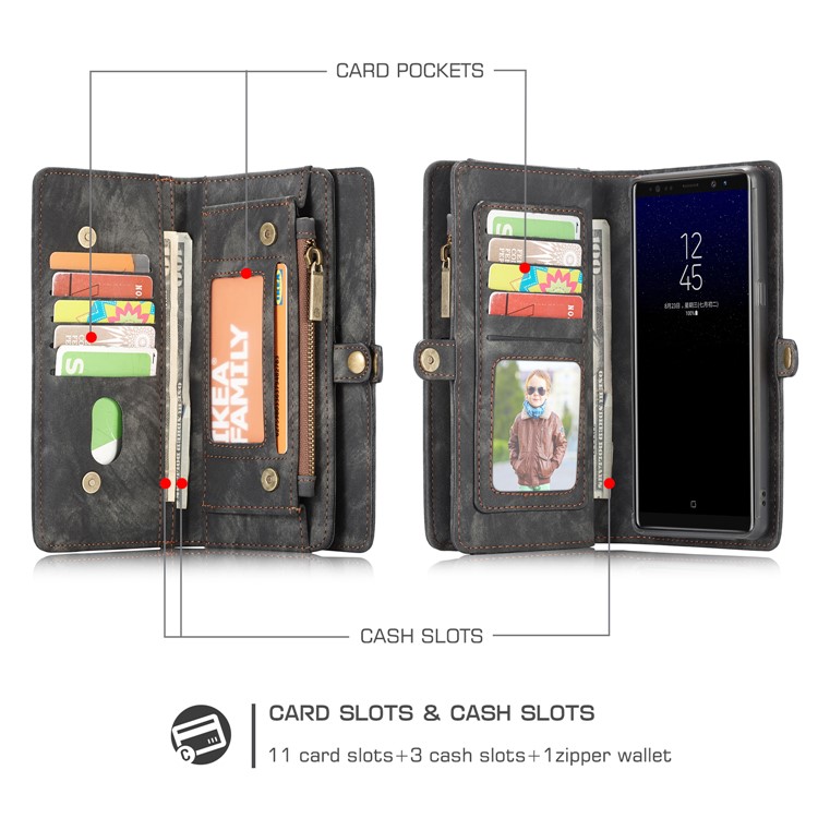CASEME 2-à la place de qqn-1 Multi détachable-Housse en cuir pour portefeuille Wallet Split pour Samsung Galaxy Note 8 SM-N950 - Noir-2