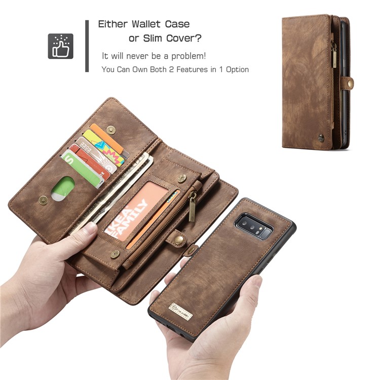CASEME 2-dentro-1 Vintage Split Leather Shell com Multi-Carteira do entalhe para Samsung Galaxy Note 8 SM-N950 - Castanho-1