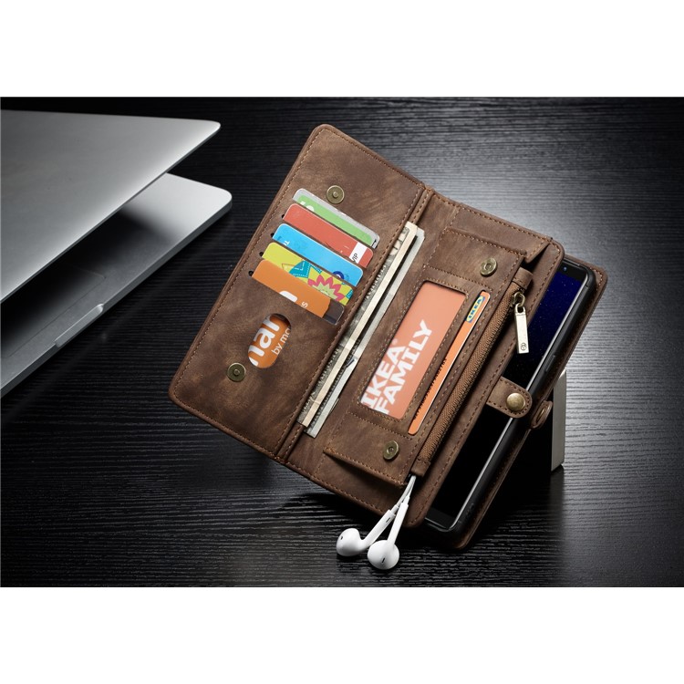 CASEME 2-dentro-1 Vintage Split Leather Shell com Multi-Carteira do entalhe para Samsung Galaxy Note 8 SM-N950 - Castanho-12