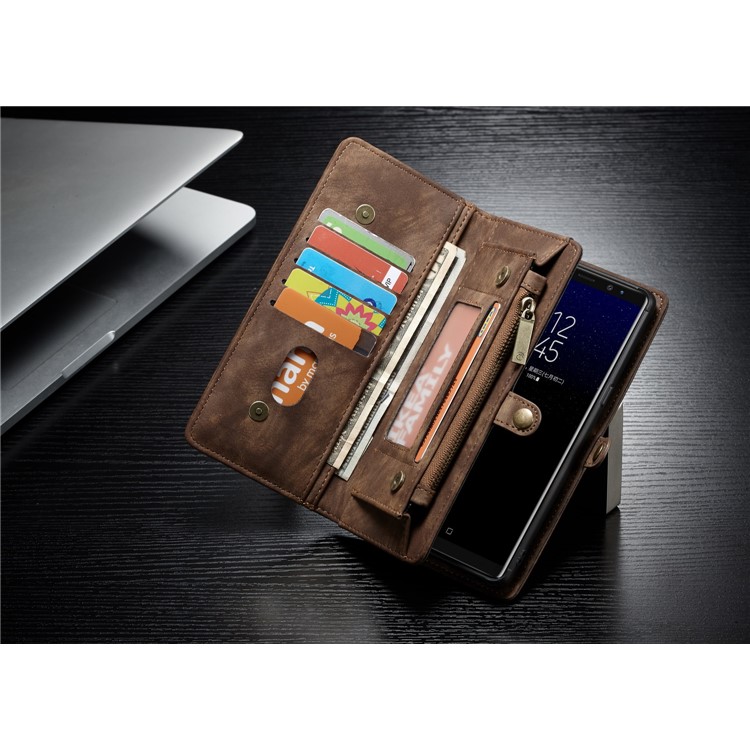 CASEME 2-dentro-1 Vintage Split Leather Shell com Multi-Carteira do entalhe para Samsung Galaxy Note 8 SM-N950 - Castanho-13