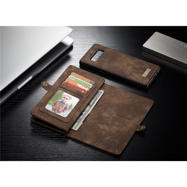 CASEME 2-dentro-1 Vintage Split Leather Shell com Multi-Carteira do entalhe para Samsung Galaxy Note 8 SM-N950 - Castanho-17