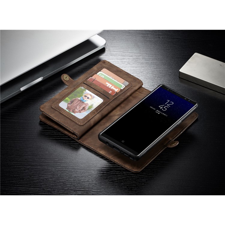 CASEME 2-dentro-1 Vintage Split Leather Shell com Multi-Carteira do entalhe para Samsung Galaxy Note 8 SM-N950 - Castanho-18
