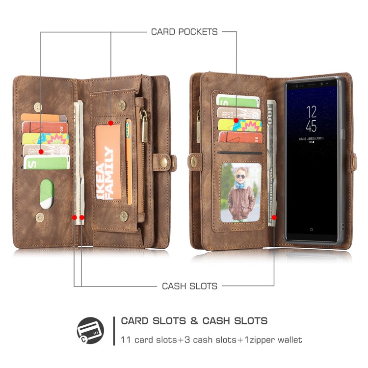 CASEME 2-dentro-1 Vintage Split Leather Shell com Multi-Carteira do entalhe para Samsung Galaxy Note 8 SM-N950 - Castanho-2