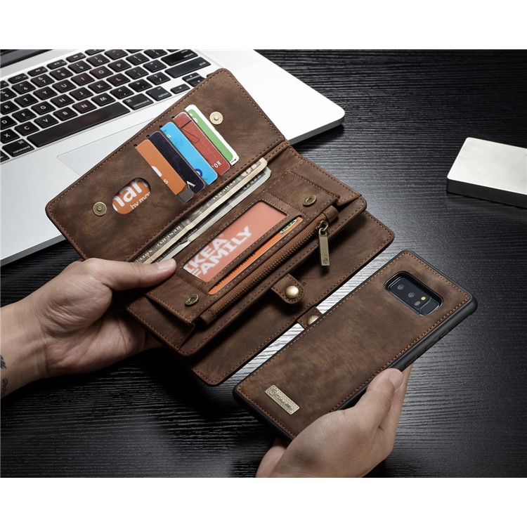 CASEME 2-dentro-1 Vintage Split Leather Shell com Multi-Carteira do entalhe para Samsung Galaxy Note 8 SM-N950 - Castanho-21