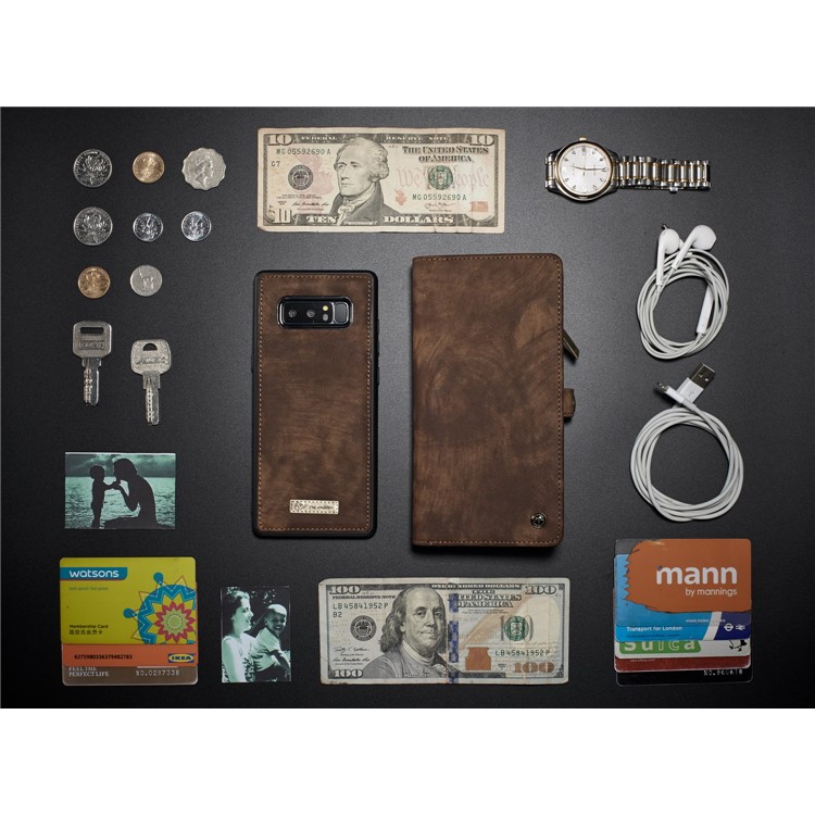 CASEME 2-dentro-1 Vintage Split Leather Shell com Multi-Carteira do entalhe para Samsung Galaxy Note 8 SM-N950 - Castanho-22