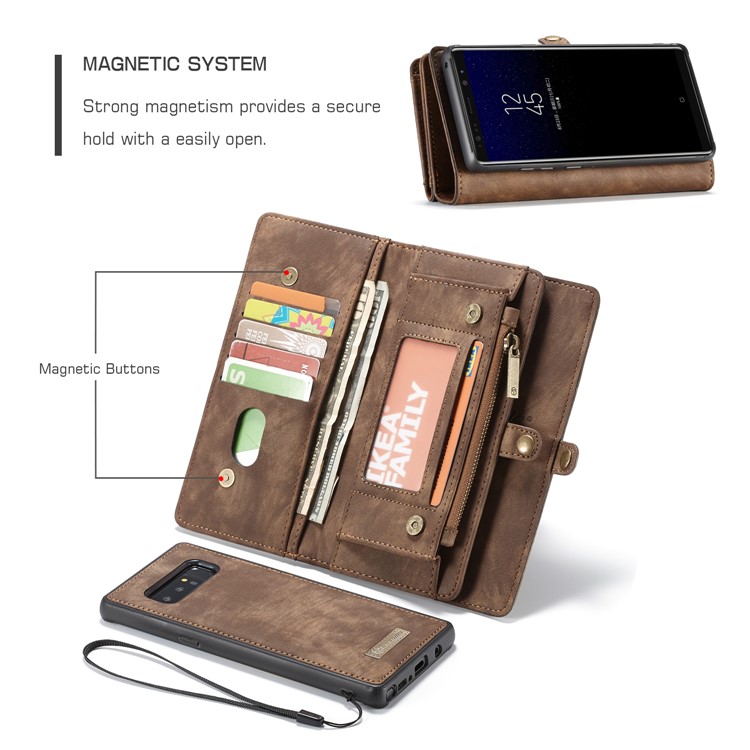 CASEME 2-dentro-1 Vintage Split Leather Shell com Multi-Carteira do entalhe para Samsung Galaxy Note 8 SM-N950 - Castanho-3