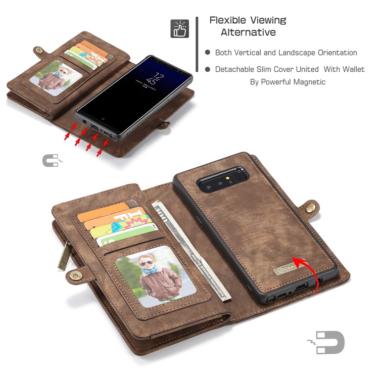 CASEME 2-dentro-1 Vintage Split Leather Shell com Multi-Carteira do entalhe para Samsung Galaxy Note 8 SM-N950 - Castanho-4