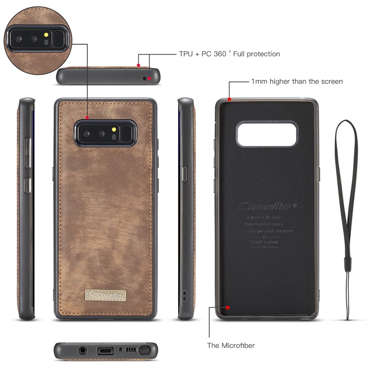 CASEME 2-dentro-1 Vintage Split Leather Shell com Multi-Carteira do entalhe para Samsung Galaxy Note 8 SM-N950 - Castanho-5