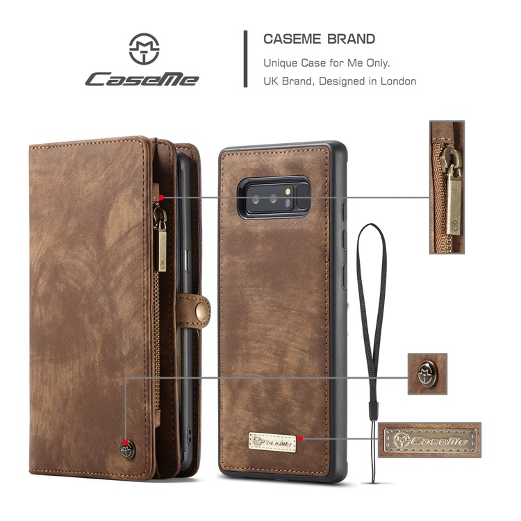 CASEME 2-dentro-1 Vintage Split Leather Shell com Multi-Carteira do entalhe para Samsung Galaxy Note 8 SM-N950 - Castanho-6