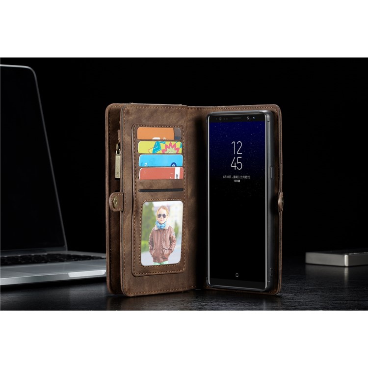 CASEME 2-dentro-1 Vintage Split Leather Shell com Multi-Carteira do entalhe para Samsung Galaxy Note 8 SM-N950 - Castanho-7