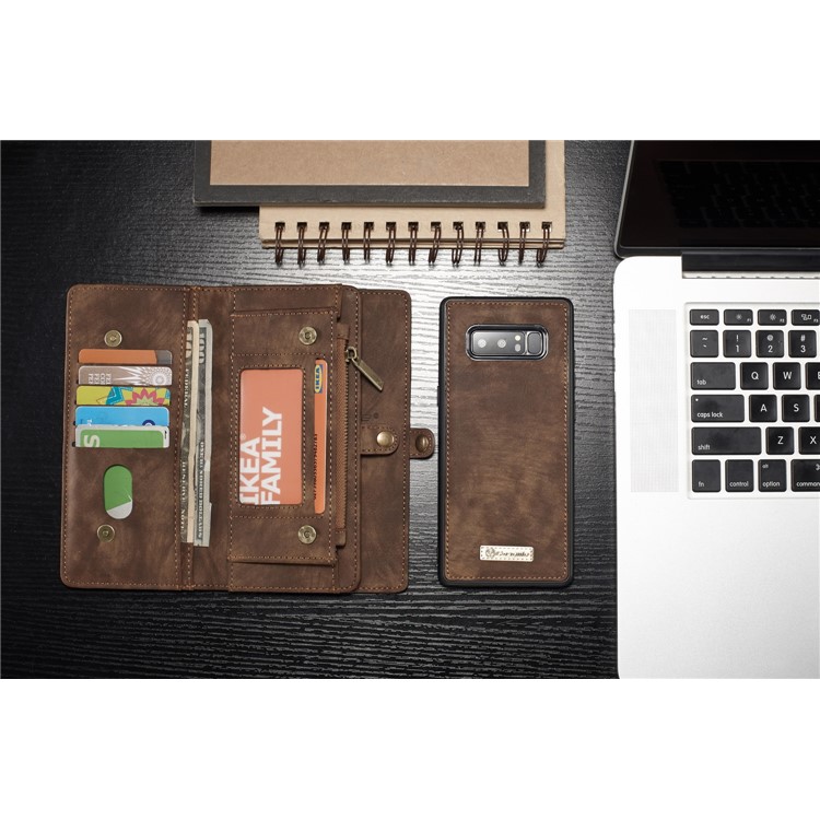 CASEME 2-dentro-1 Vintage Split Leather Shell com Multi-Carteira do entalhe para Samsung Galaxy Note 8 SM-N950 - Castanho-9