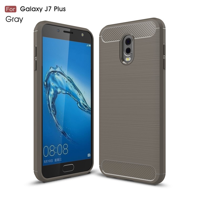 

Carbon Fiber Texture Brushed TPU Cell Phone Cover for Samsung Galaxy J7 Plus / C8 - Grey