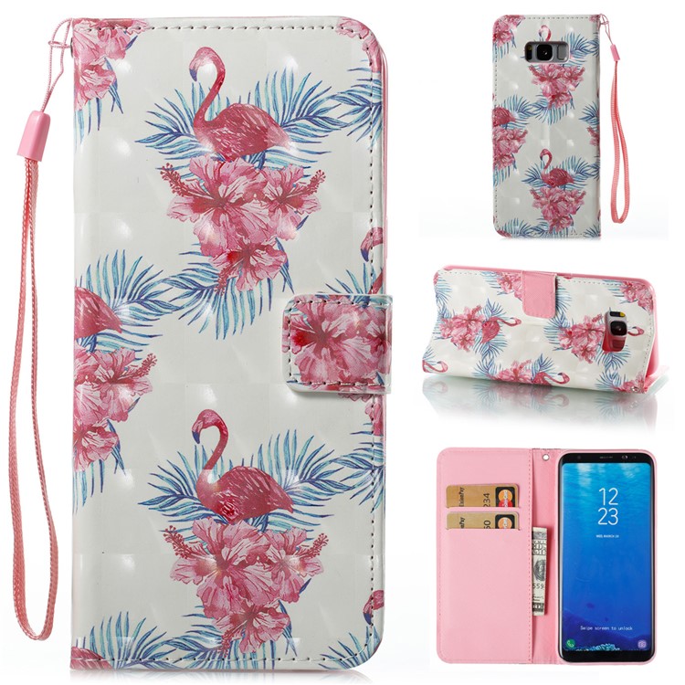 Pattern Printing PU Leather Wallet Stand Case for Samsung Galaxy S8 Plus G955 - Flower and Flamingo Pattern-1