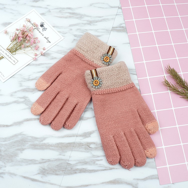 Contrast Color Warm Winter Touchscreen Texting Gloves Women's Full-finger Knitted Gloves - Deep Pink-1