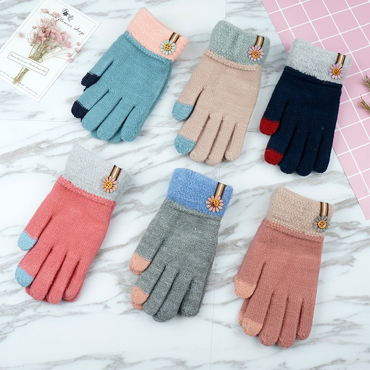 Contrast Color Warm Winter Touchscreen Texting Gloves Women's Full-finger Knitted Gloves - Deep Pink-2