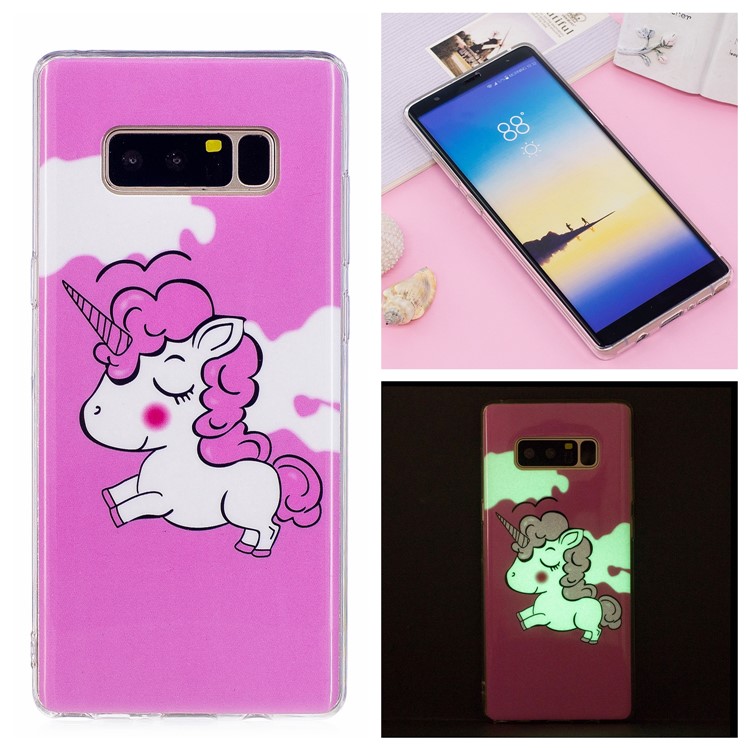 For Samsung Galaxy Note 8 SM-N950 Luminous IMD Patterned TPU Back Case - Rose Background and Unicorn-1