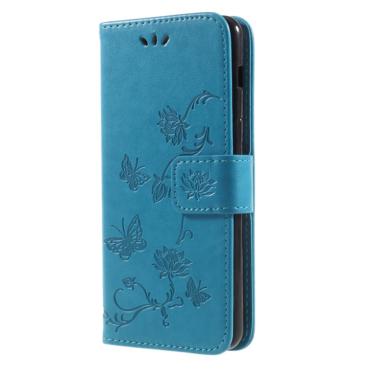 Imprint Butterfly and Flower Leather Card Holder Cell Phone Cover for Samsung Galaxy A8 (2018) - Blue-3