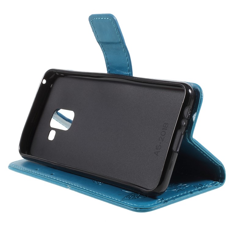 Imprint Butterfly and Flower Leather Card Holder Cell Phone Cover for Samsung Galaxy A8 (2018) - Blue-4