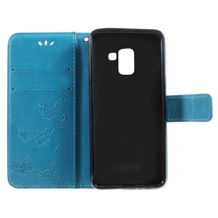 Imprint Butterfly and Flower Leather Card Holder Cell Phone Cover for Samsung Galaxy A8 (2018) - Blue-6